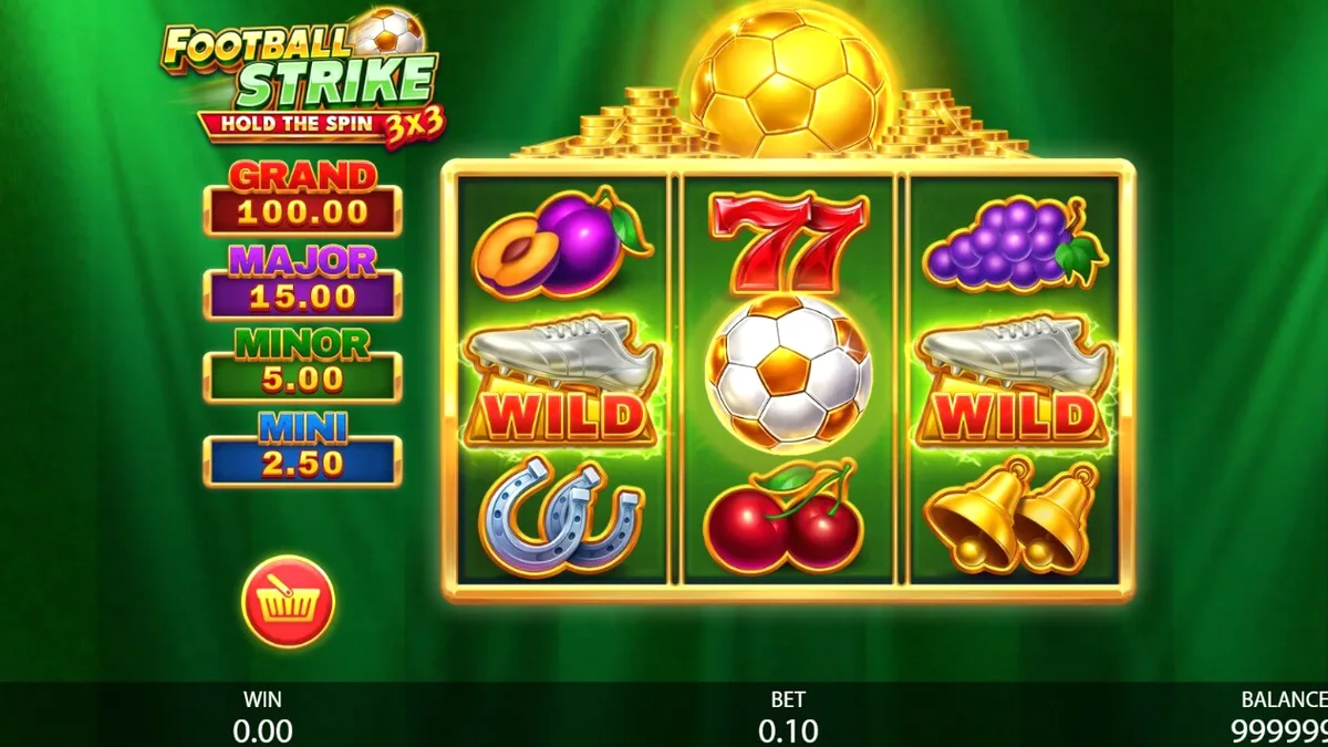 Tampilan visual slot 3x3 Football Strike dengan elemen sepak bola dan buah-buahan klasik