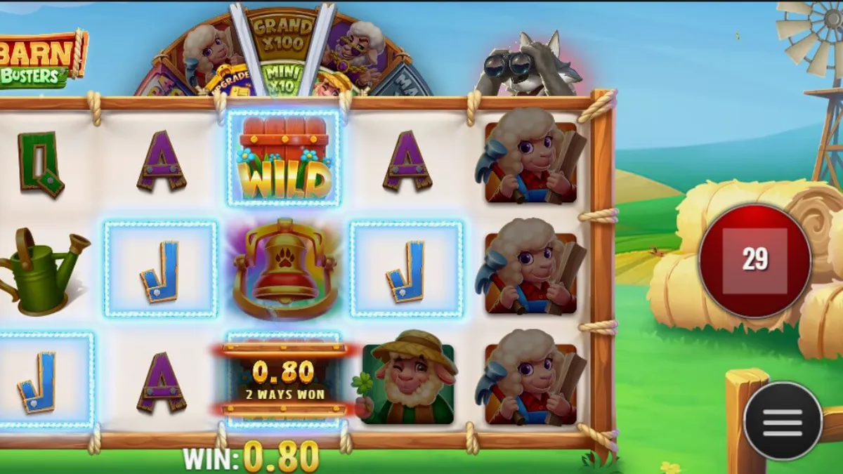 Tampilan visual slot Barn Busters dengan latar belakang peternakan dan roda hadiah.