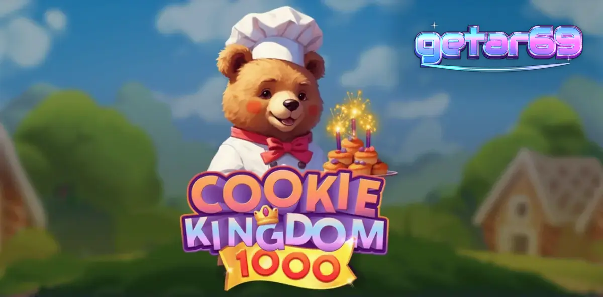 Tampilan visual slot Cookie Kingdom 1000 dengan tema beruang koki dan permen warna-warni.