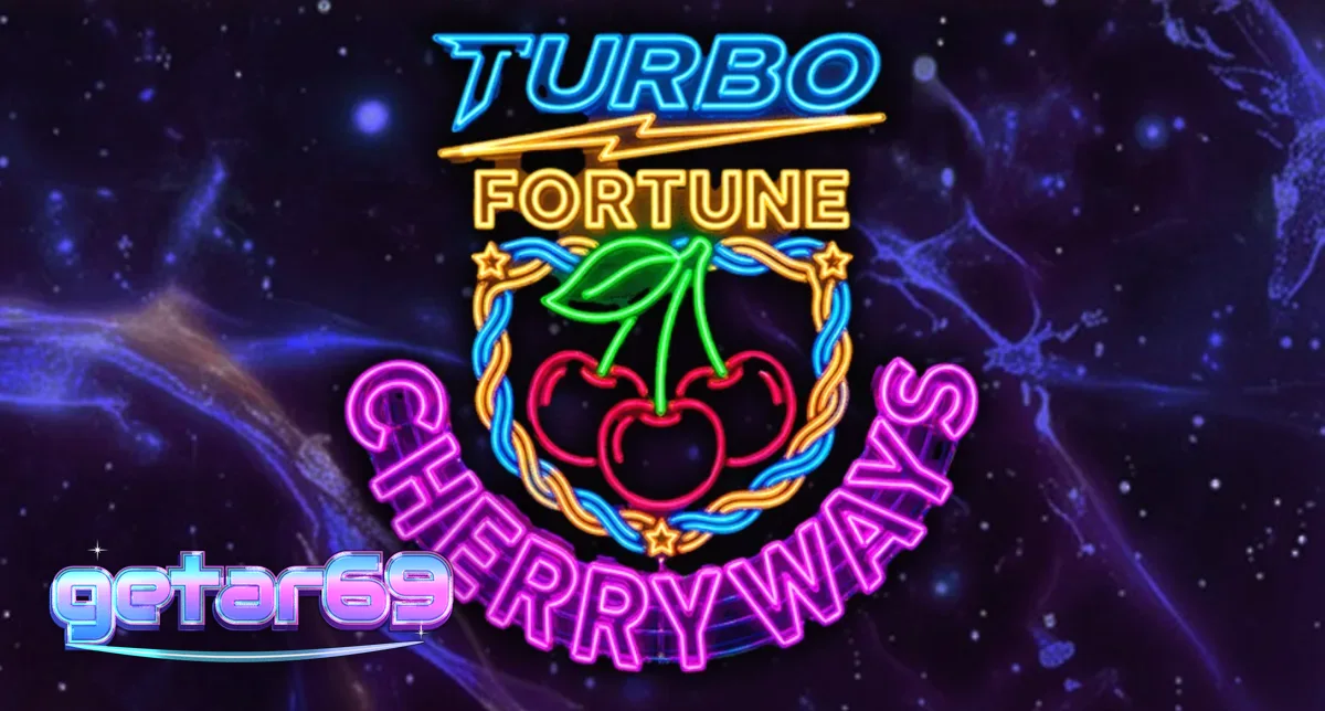Tampilan visual neon dari slot Turbo Fortune Cherryways dengan simbol buah bercahaya.